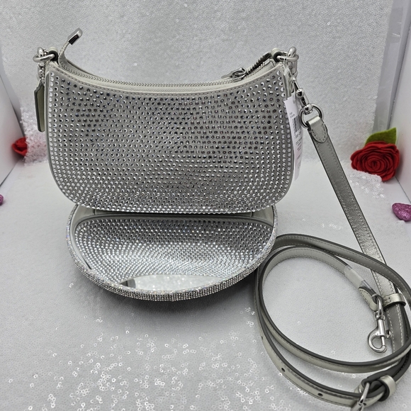 Coach Teri Mini Crystal Silver Metallic Leather Shoulder Crossbody Bag - Picture 6 of 14